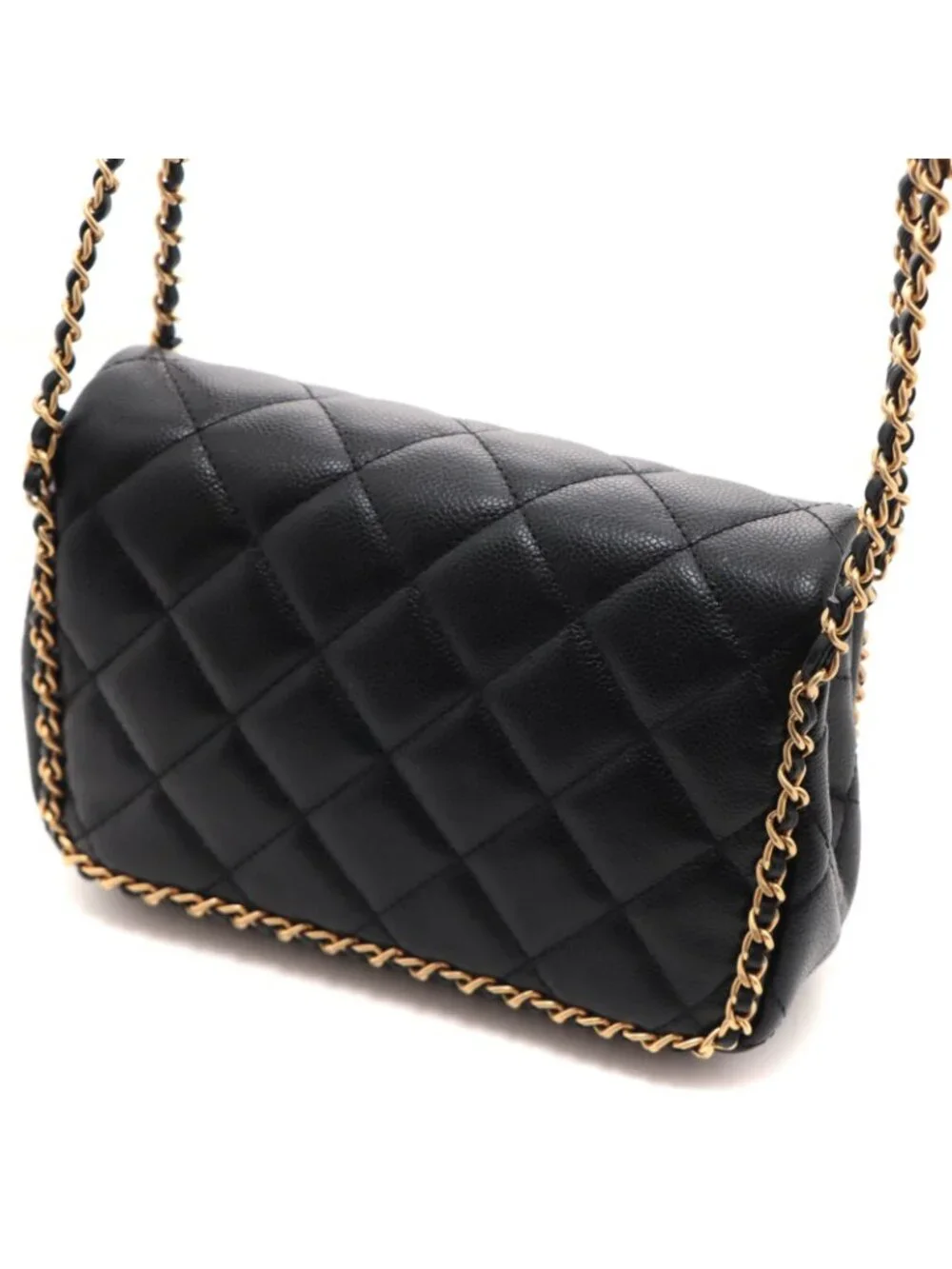 Chanel Quilted Chain Trim Full Flap Shoulder Black Bag Caviar Leather